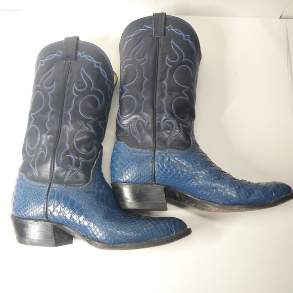Tony Lama Boots Blue Python Snake Cowboy Western Mens 11 D Snakeskin Embroidered - Picture 1 of 16